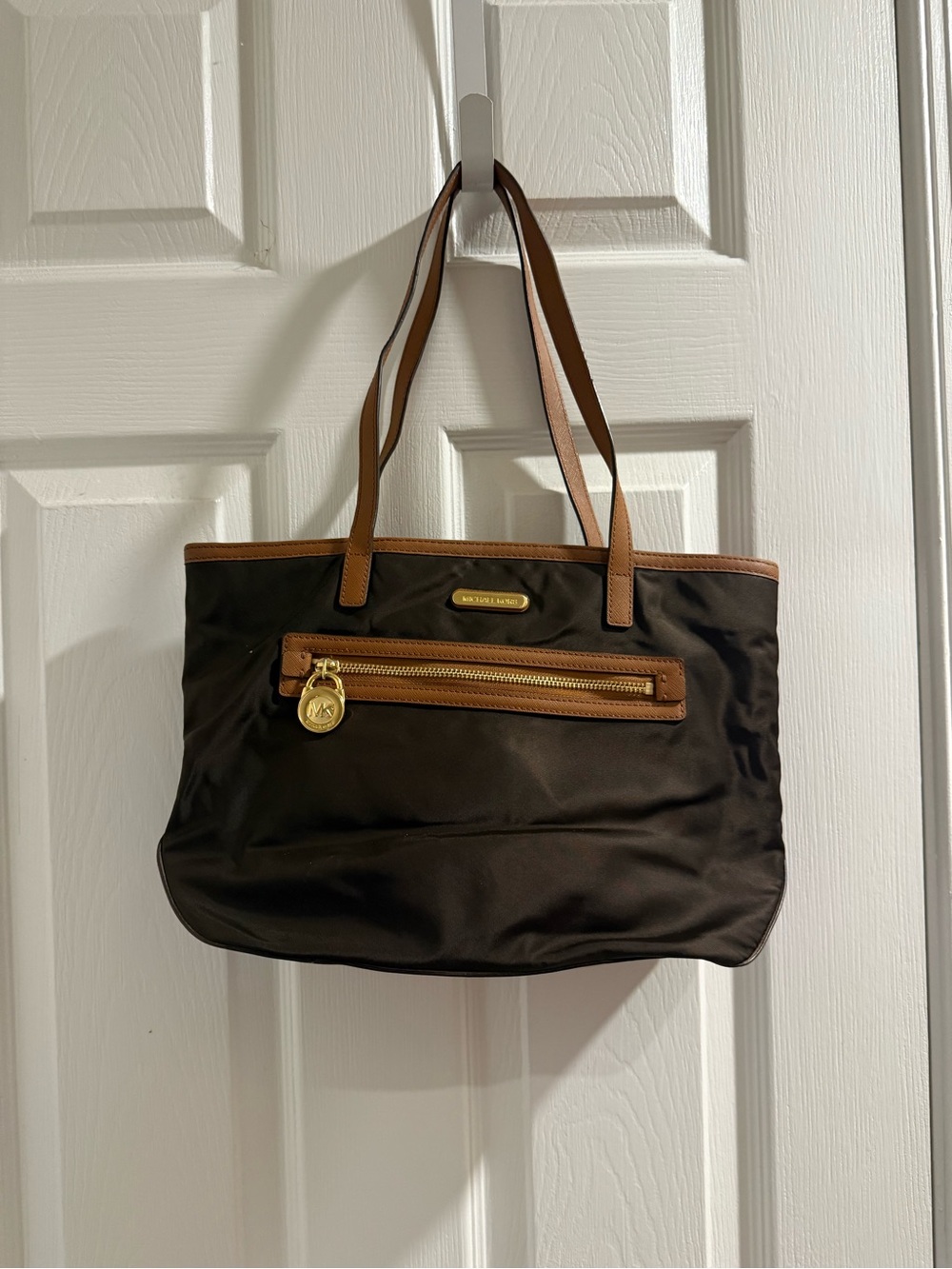 Michael Kors Chocolate Nylon Tote with Tan Leather Trim